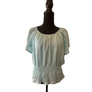Cato Women Crochet Macrame  Top Size  Large Peasant Boho Short Sleeve Lined Aqua